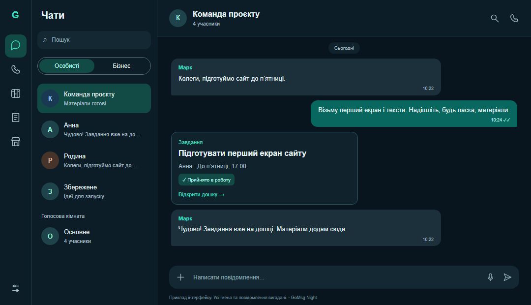 Приклад інтерфейсу чатів GoMsg; доступні модулі залежать від налаштувань під’єднаного сервера
